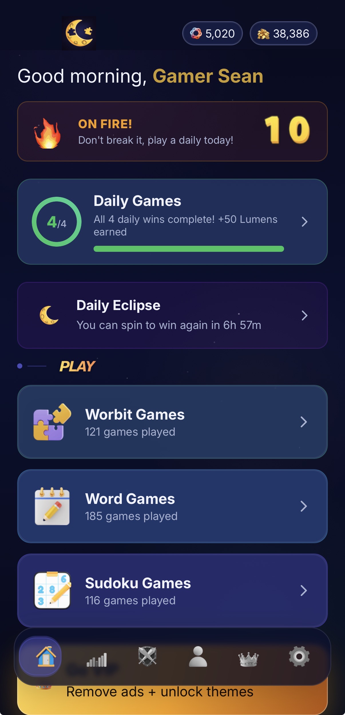 Puzzle Eclipse home screen showing all daily games completed